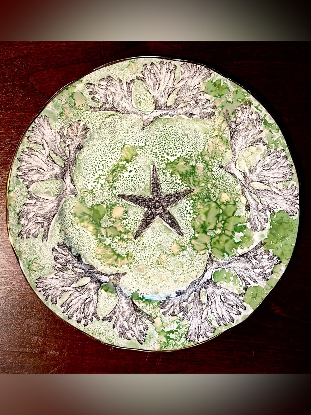 Vintage 90’s Starfish Lusterware 8”Ceramic Plate, Handmade Gilded Edge